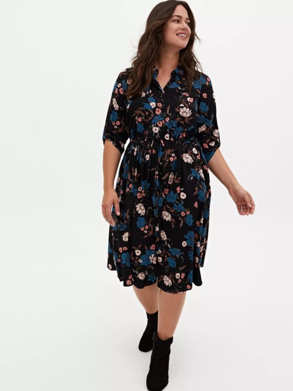 Torrid 3X Black Floral Challis Midi Shirt Dress Button Front Pockets